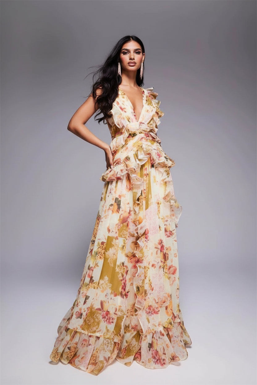 Woman wearing a floral dress against a gray background
