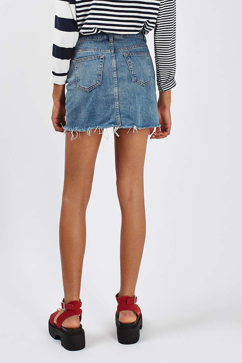 Fringe-Hem Denim Mini Skirt – Slim Fit A-Line