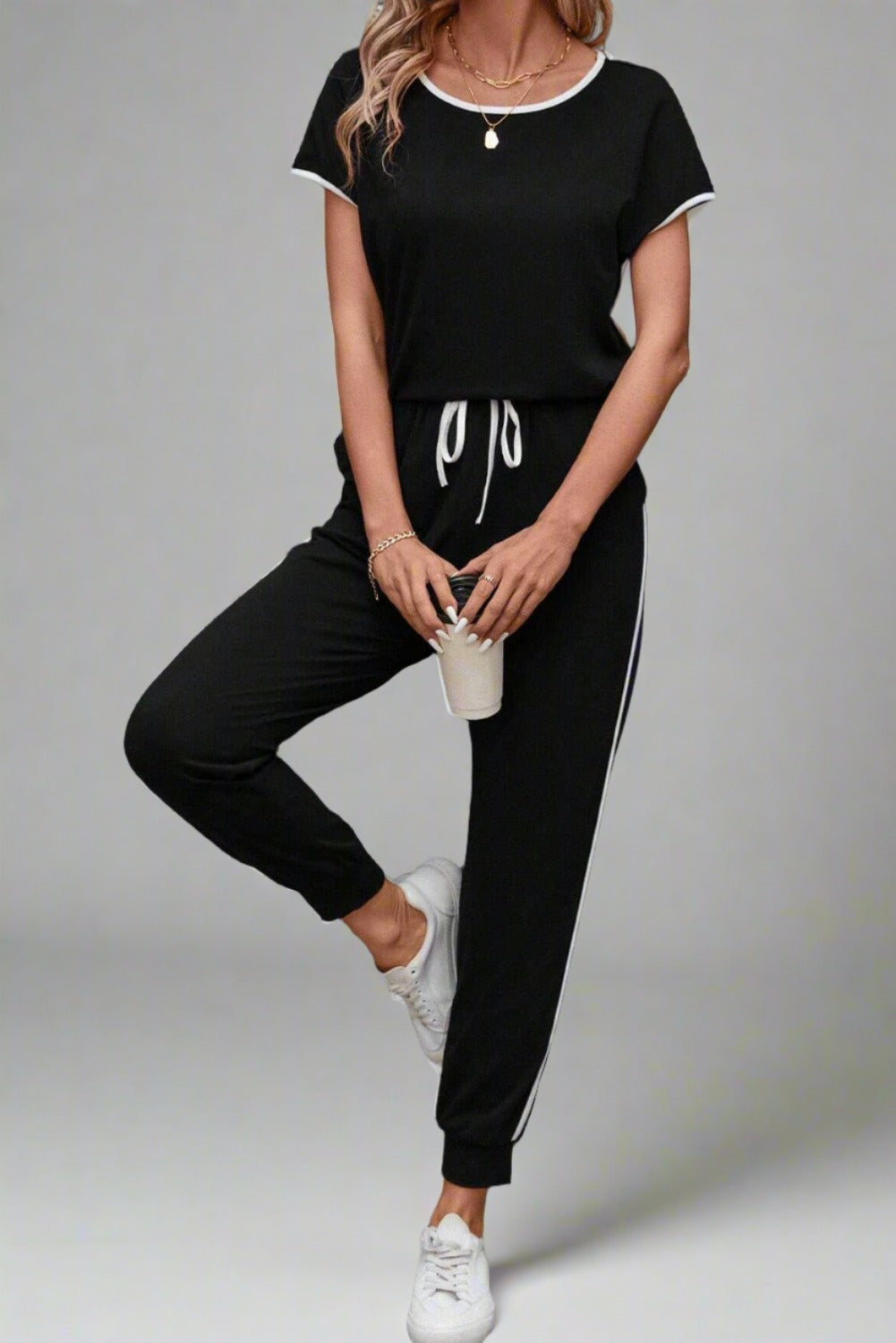 Contrast Trim Round Neck Top and Pants Set