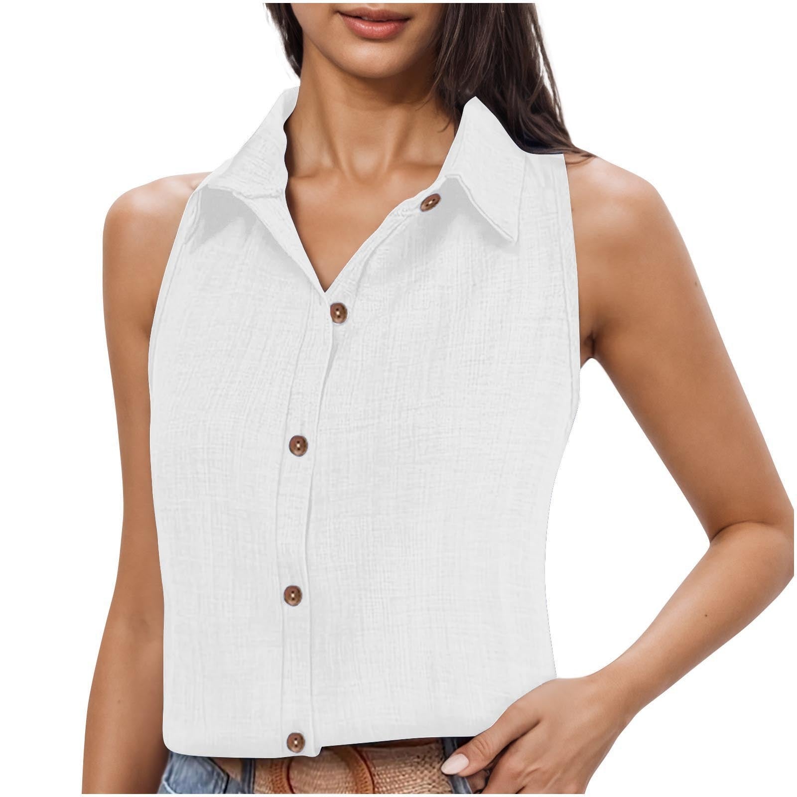 Lapel Cotton Linen Button Sleeveless Shirt Women's Clothing