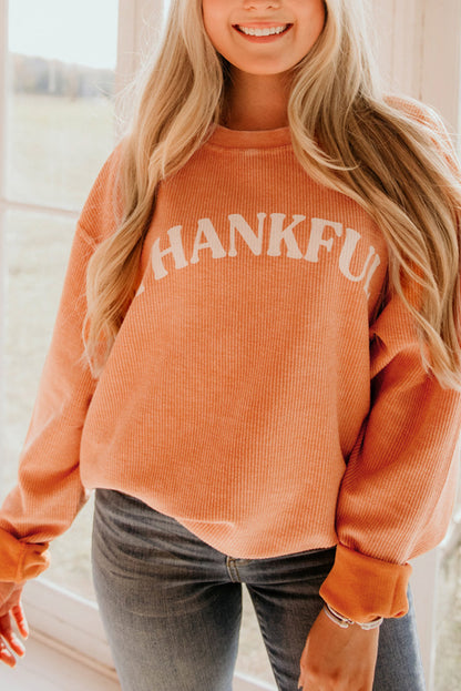 Orange Thanksgiving Thankful Casual Ribbed Corded Sweatshirt