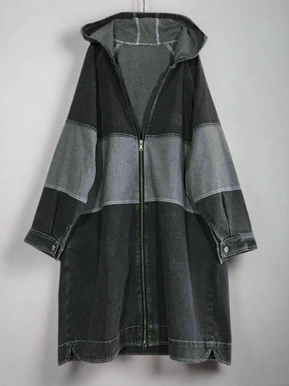 Loose Hooded Denim Trench Coat