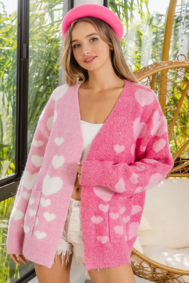 BiBi Heart Color Block V-Beck Knit Cardigan with Pockets