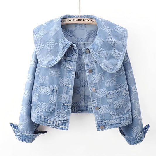 Niche Sailor Collar Jacquard Short Denim Coat