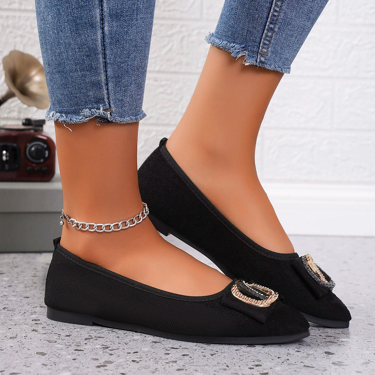 Woman Flats Spring Autumn Ballets Metal Buckle Shoes for Women Dress Pointed Toe Slip on Office Patent Leather Loafers Shoes