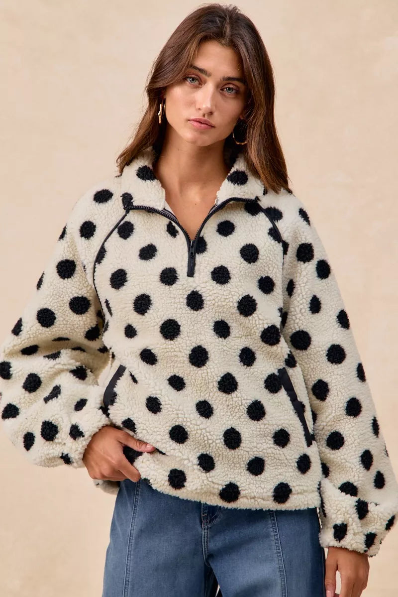 BiBi Polka Dot Sherpa Half Zip Up Top with Side Pocket