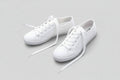 A pair of white canvas low-top sneakers with lace-up closure and a label visible on the side.