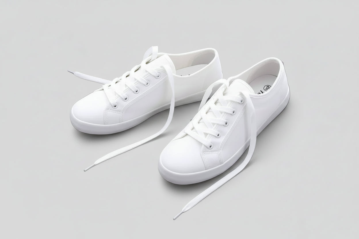 A pair of white canvas low-top sneakers with lace-up closure and a label visible on the side.