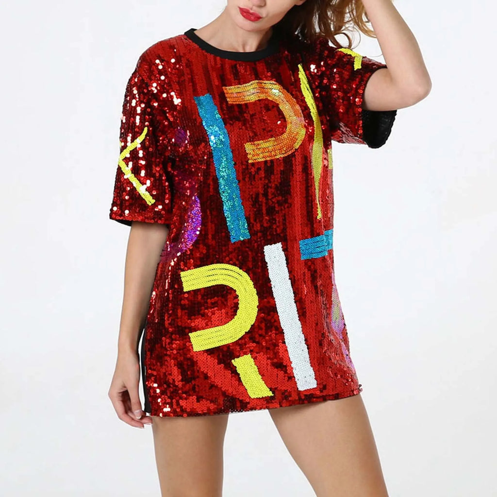 Graphic Sparkly Sequin T-Shirt Dress