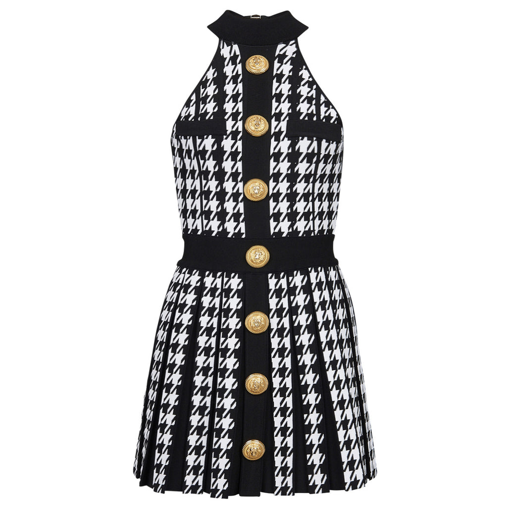 Halter Pleated Short Knitted Houndstooth Dress