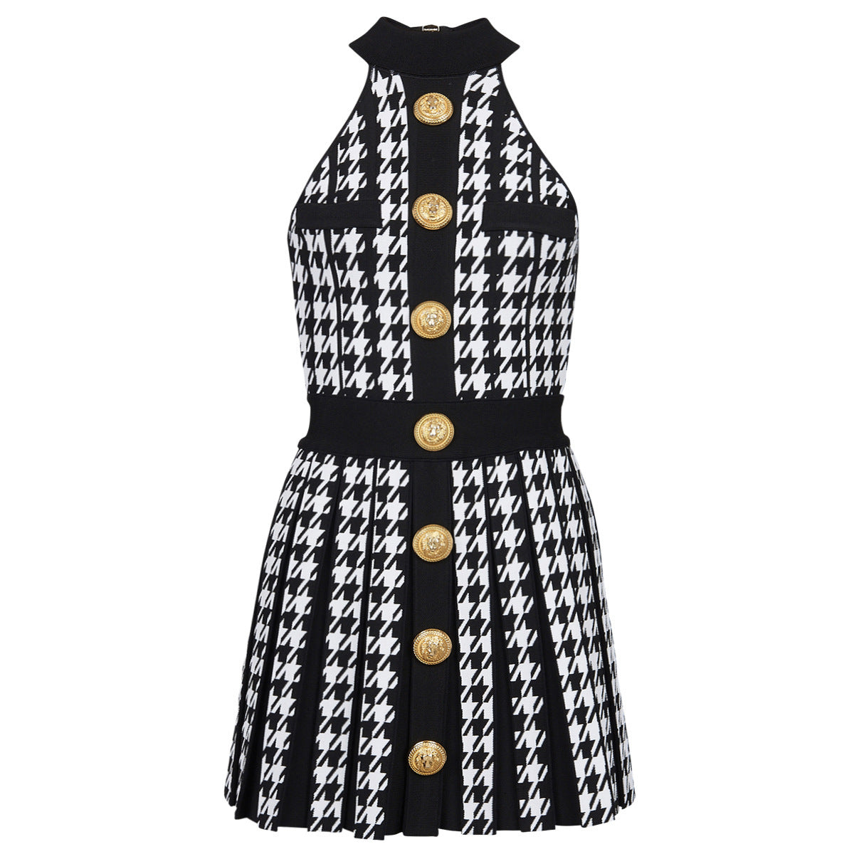 Halter Pleated Short Knitted Houndstooth Dress