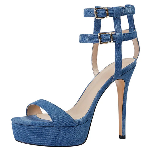 Elegant Buckle Denim Heels