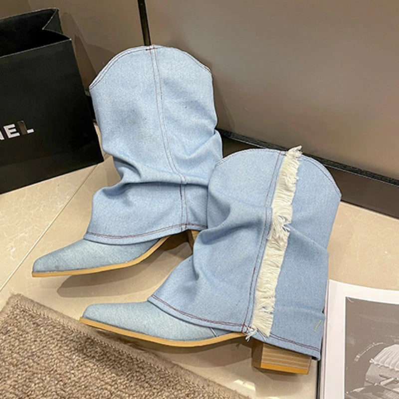 Pleated Blue Denim Boots Fashionable Women's Chelsea Boots Autumn Winter Mid-heeled Boots 2024 New Women Shoes Botas Altas Mujer