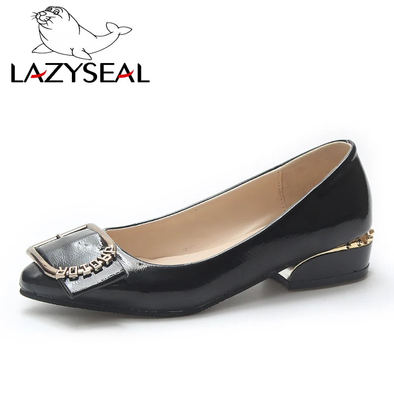 LazySeal Women Shoes Mary Janes Flats For Women Patent Leather Pointed Toe Slip-On Fashion Metal Buckle Women Heels Shoes