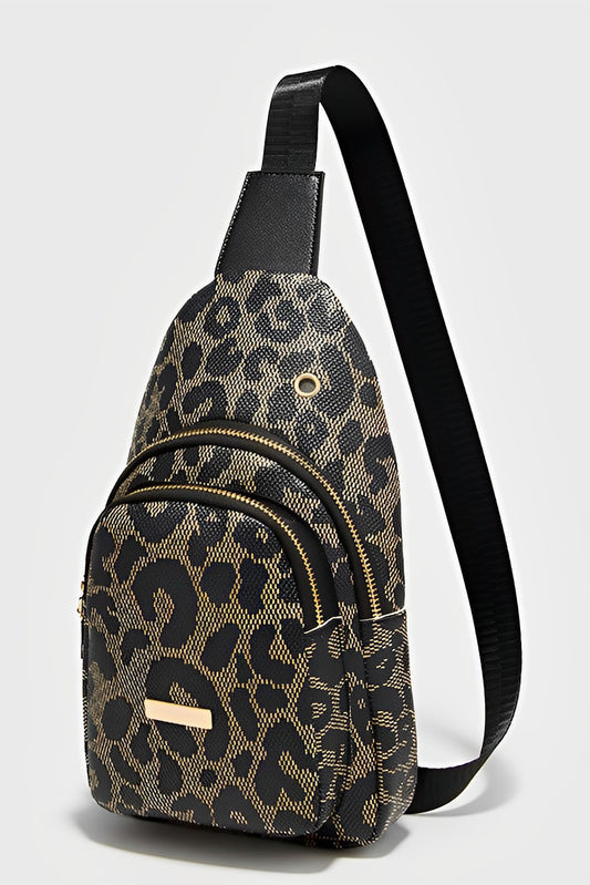 Leopard Printed Leather Zippered Sling Bag