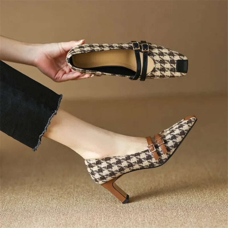 Double buckle Houndstooth Heel Shoes