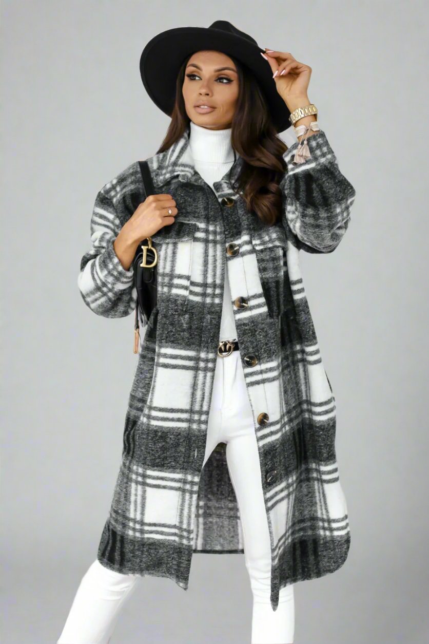 Long Warm Woolen Plaid Coat