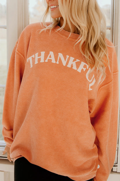 Orange Thanksgiving Thankful Casual Ribbed Corded Sweatshirt