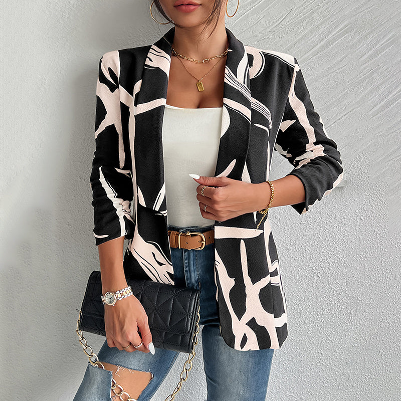 Women's Abstract Print Blazer Button Long Sleeve Work Jacket