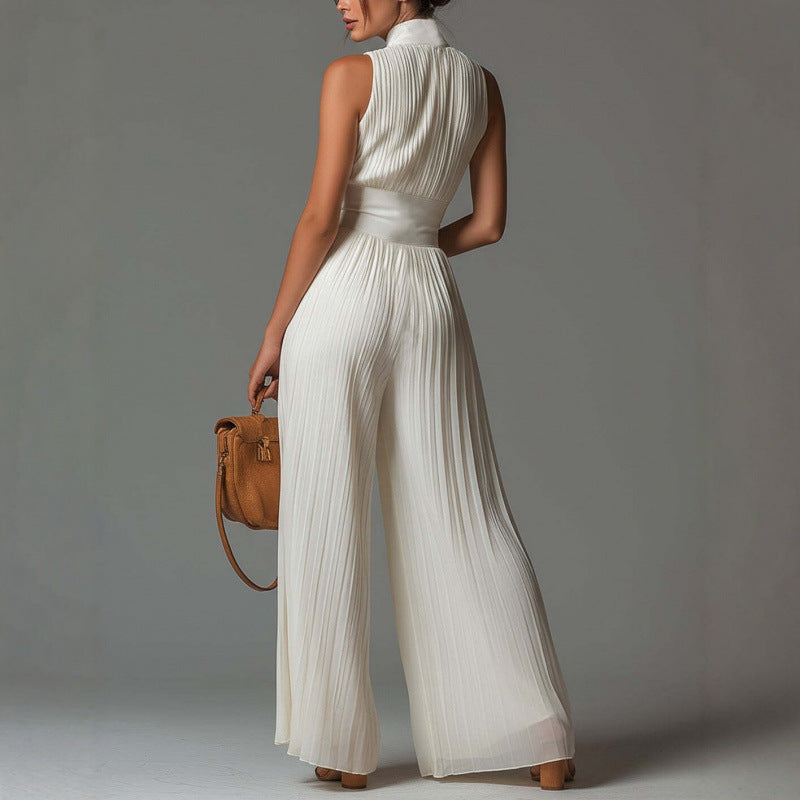 Elegant Pleated Halter Neck Wide-Leg Jumpsuit