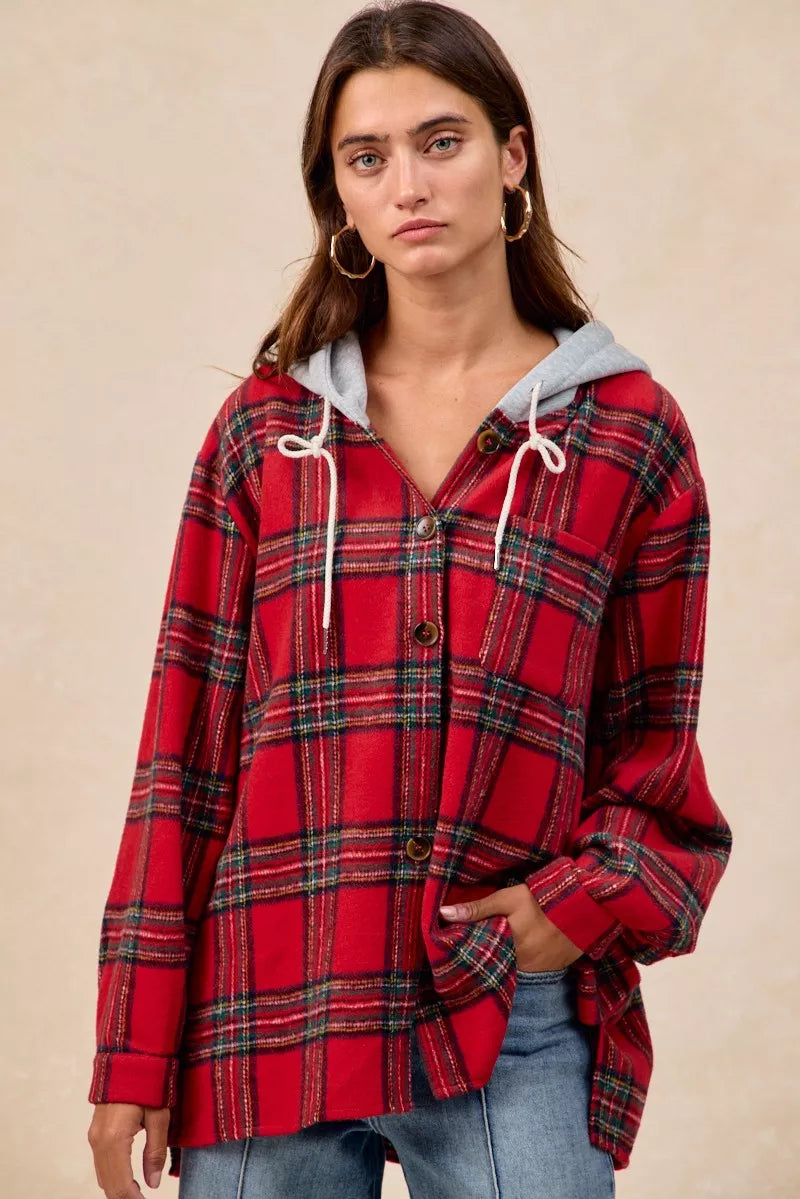 BiBi Brushed Plaid Hooded Jacket
