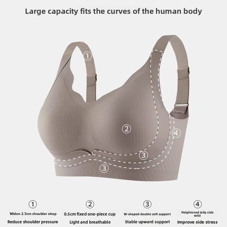 Gray bra with labeled features on a white background