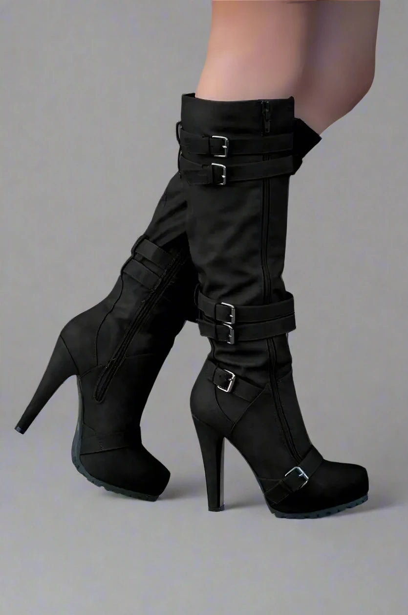 Buckle Strap Zipper Knee High Boots
