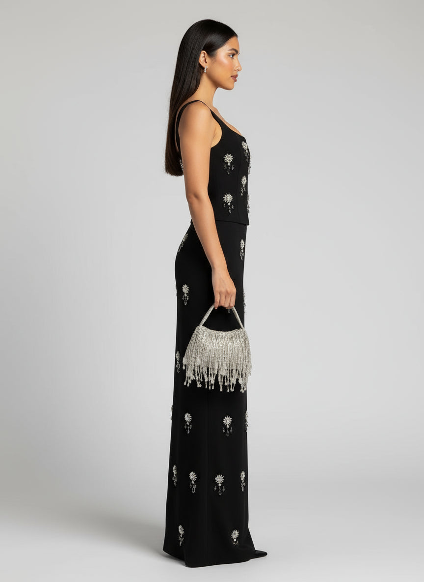 Black Two-piece Beaded Zipper Top & Skirt Set