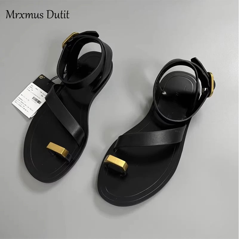 Mrxmus Dutit2023 Summer Fashion New Women Genuine Leather Flat Clip Toes Sandals Versatile Simple Casual Beach Shoes Female Chic