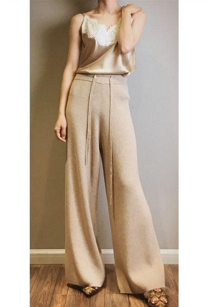 High-rise solid color cashmere wide-leg trousers