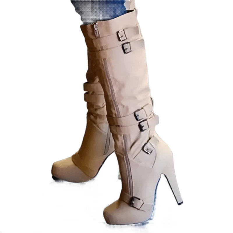 Buckle Strap Zipper Knee High Boots