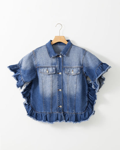 Ruffled Raw Hem Half Sleeve Denim Top