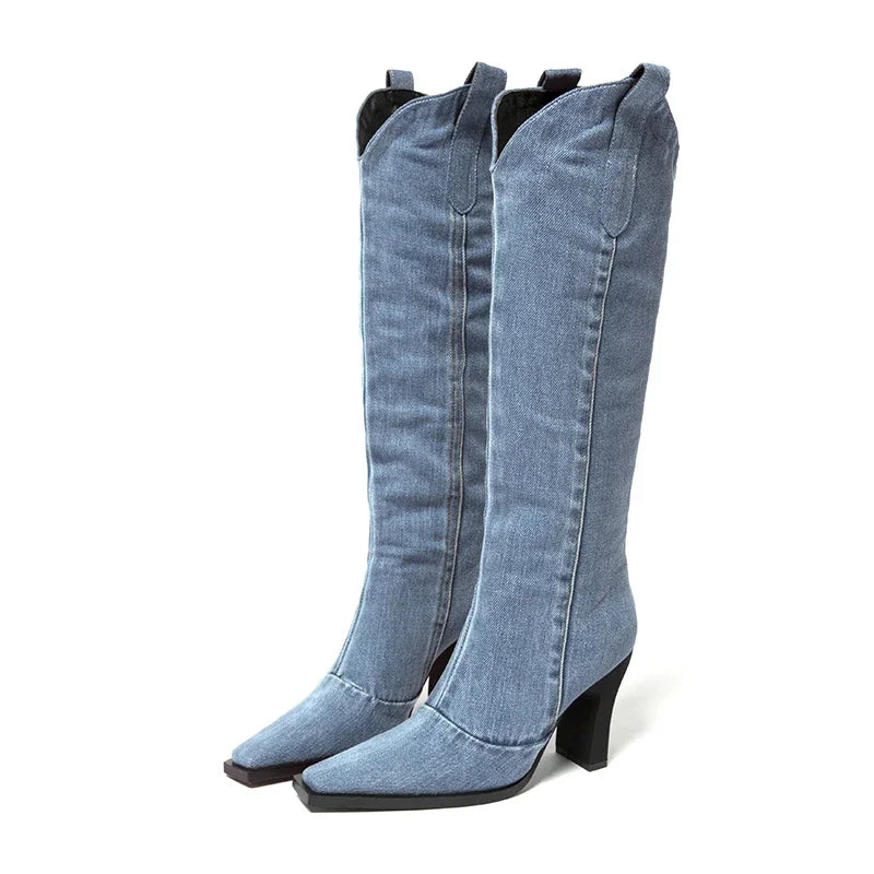 Denim Thigh High Cow Girl Boots