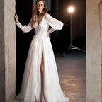 Tulle Slit A-Line Lace  Wedding Gown
