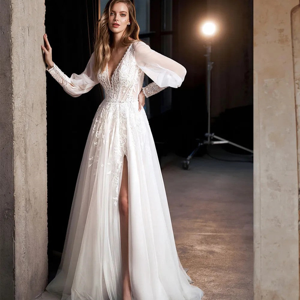 Tulle Slit A-Line Lace  Wedding Gown