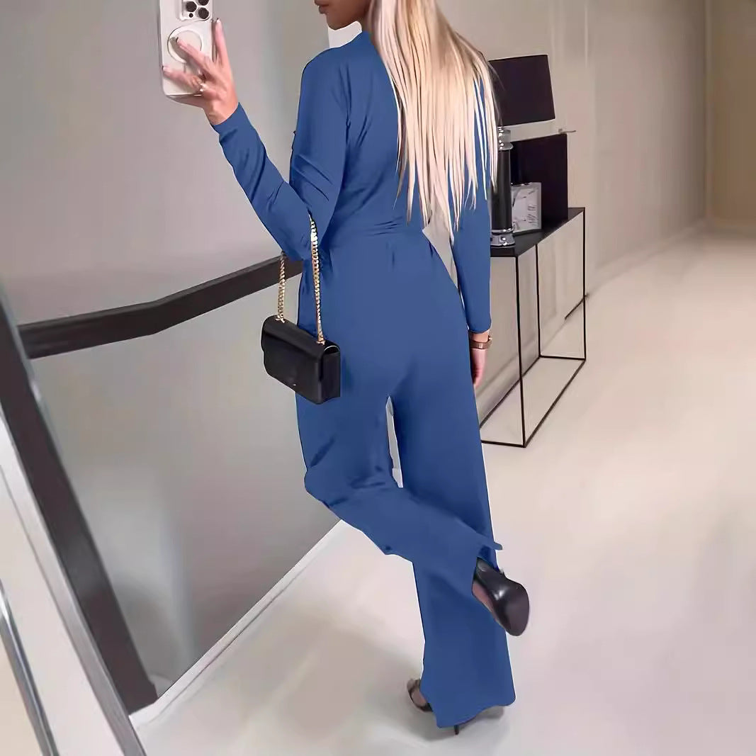 Ladies' Fashionable Slim Fit Sexy V-neck Long Sleeved Slimming Jumpsuit