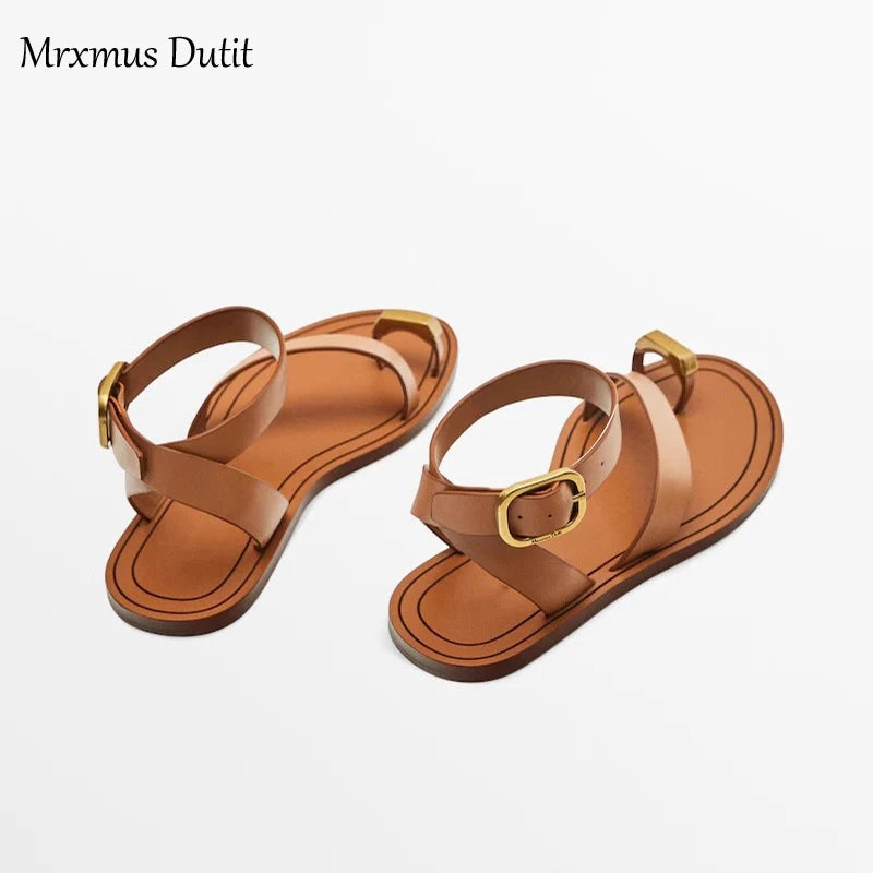 Mrxmus Dutit2023 Summer Fashion New Women Genuine Leather Flat Clip Toes Sandals Versatile Simple Casual Beach Shoes Female Chic