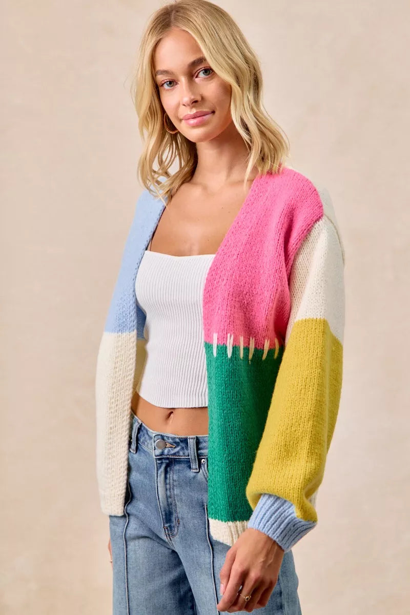BiBi Color Block Open Front Sweater Cardigan