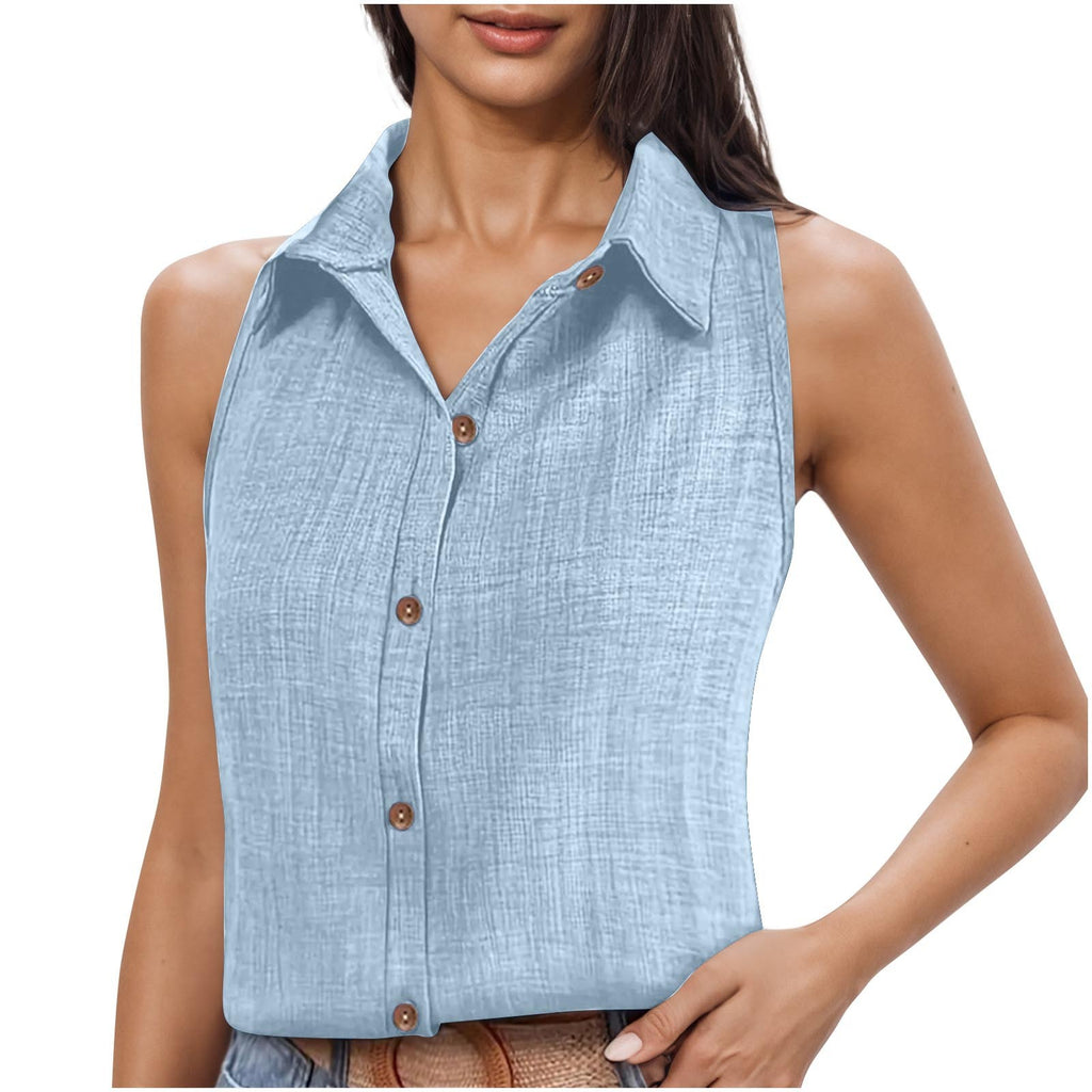 Lapel Cotton Linen Button Sleeveless Shirt Women's Clothing