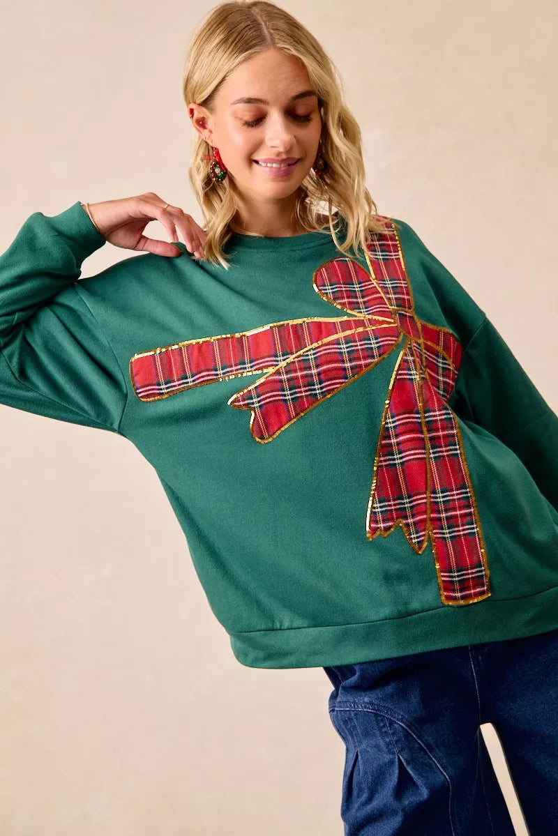 BiBi Plaid Ribbon Bow Detail Christmas Fleece Pullover