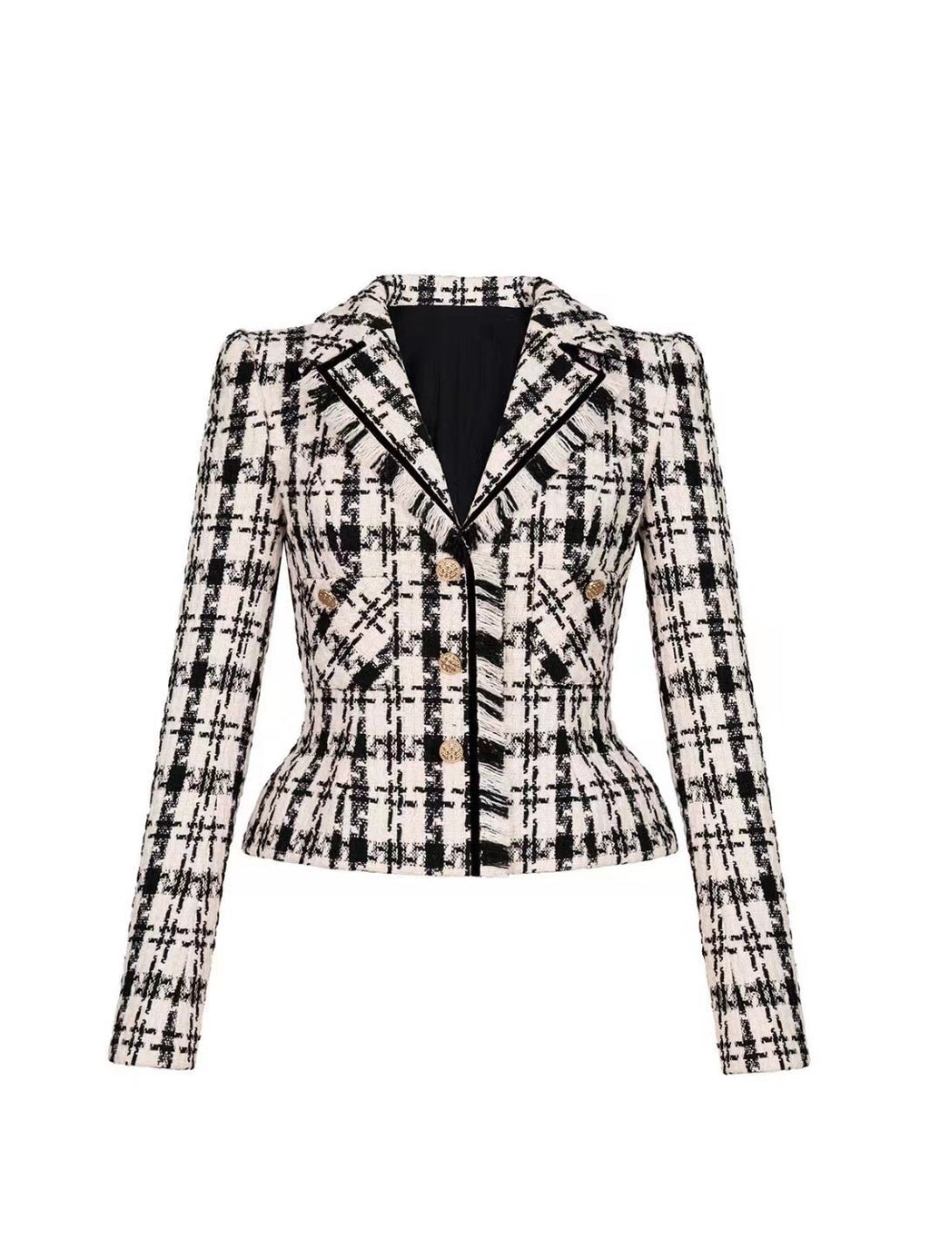 Retro Houndstooth Woolen Coat & Black Mesh Skirt Set