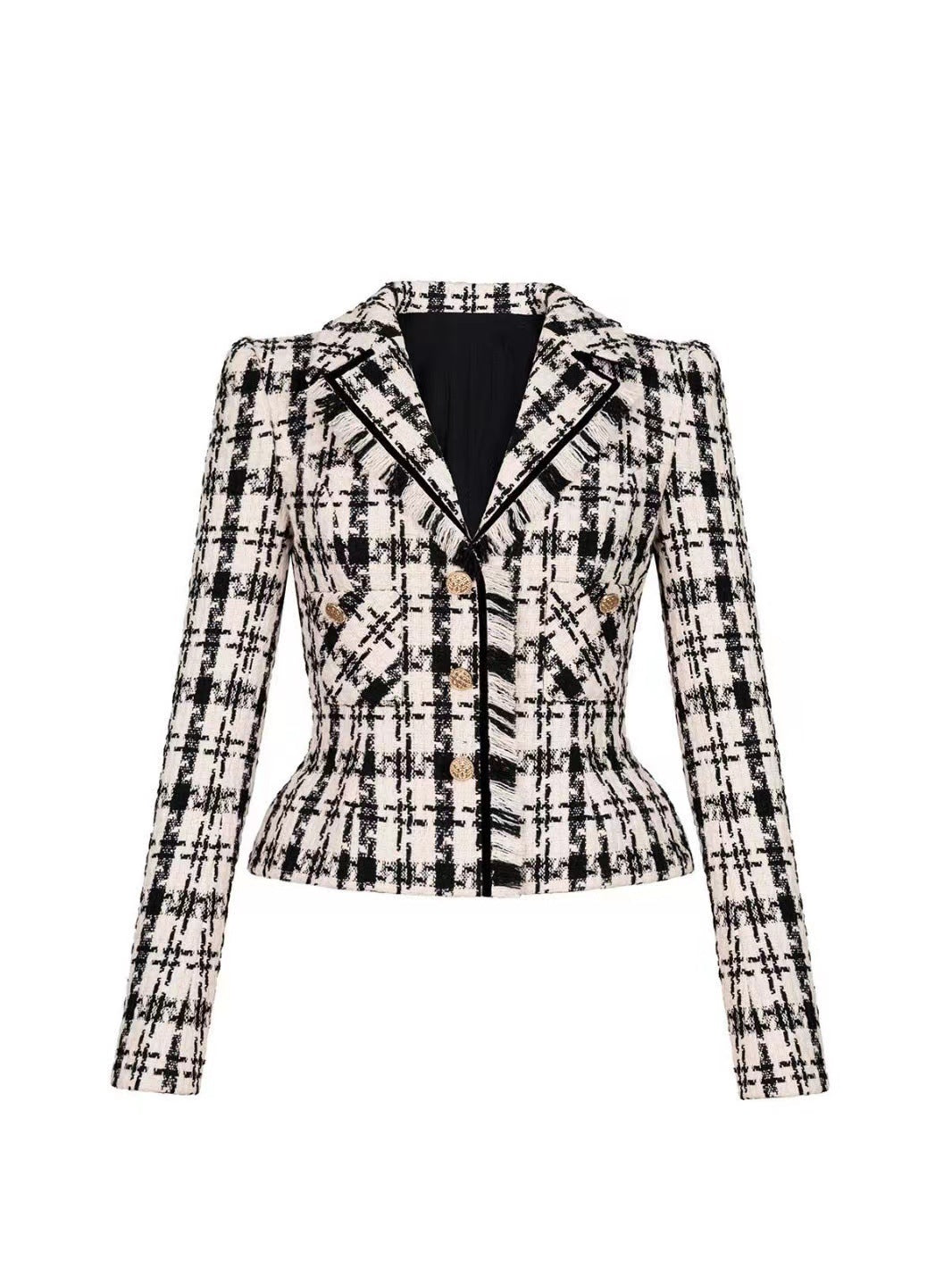 Retro Houndstooth Woolen Coat & Black Mesh Skirt Set