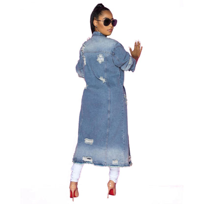 Blue Washed Loose Denim Trench Coat