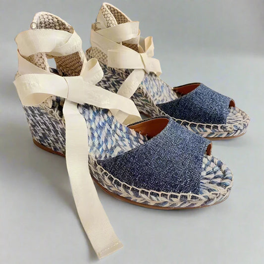 Denim Bow Wedge Sandals