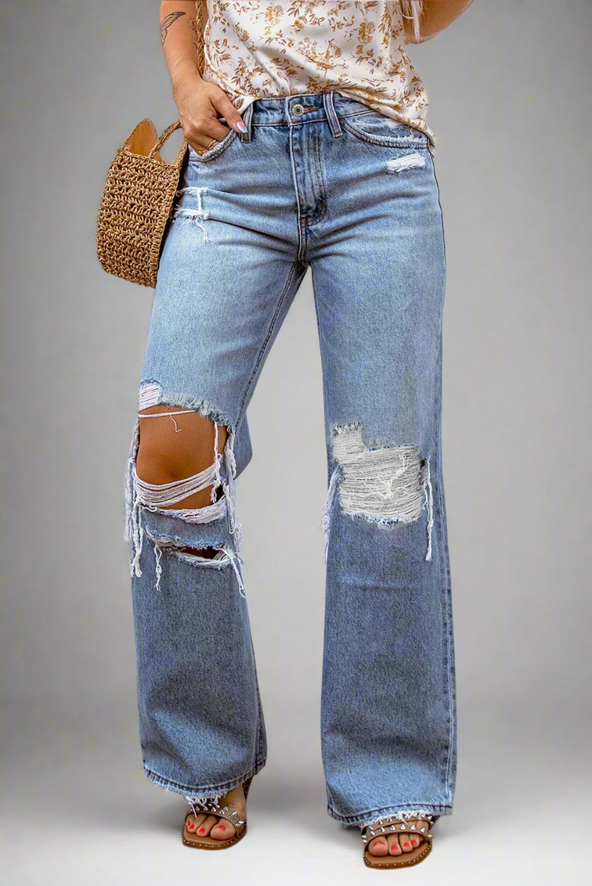 Light Blue Ripped Casual Wide Leg Jeans