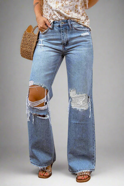 Light Blue Ripped Casual Wide Leg Jeans