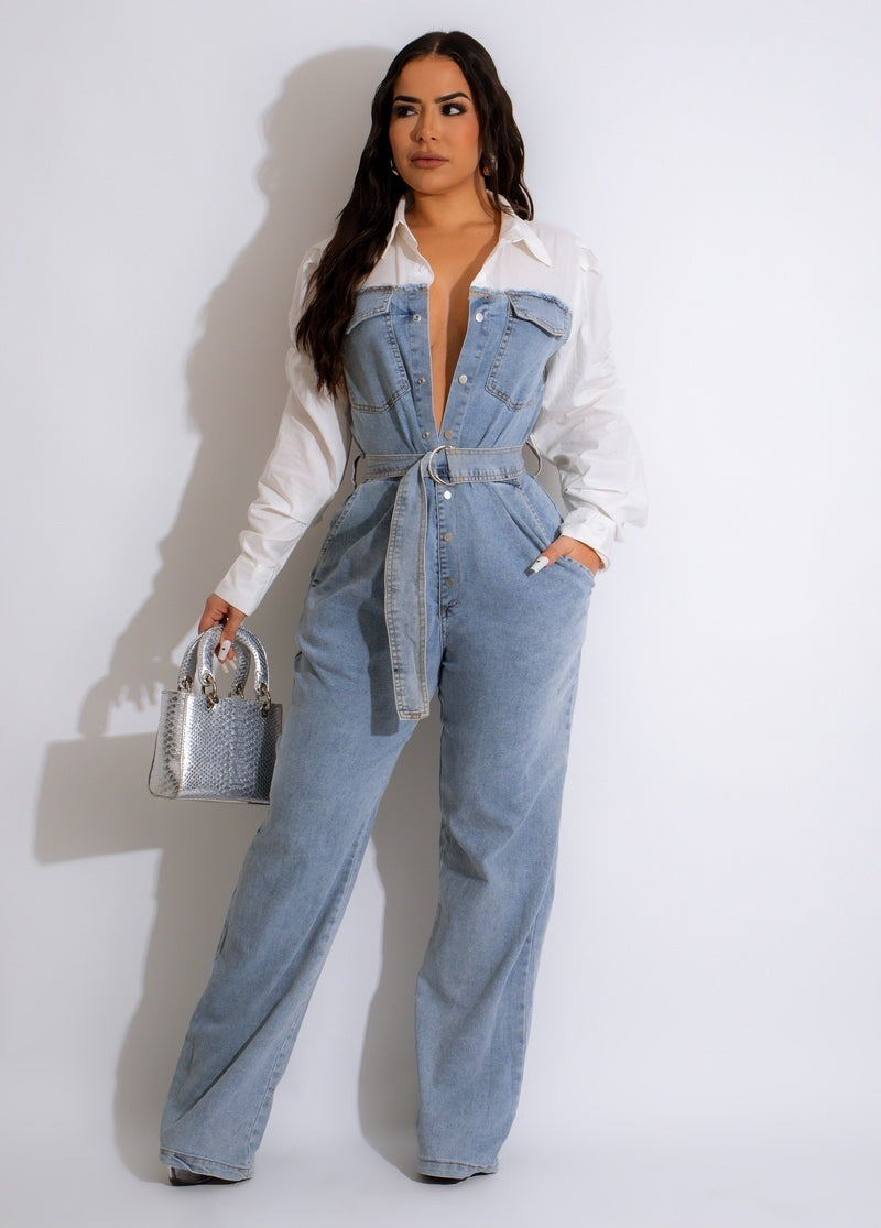 Casual Denim Stitching Plus Size Jumpsuit