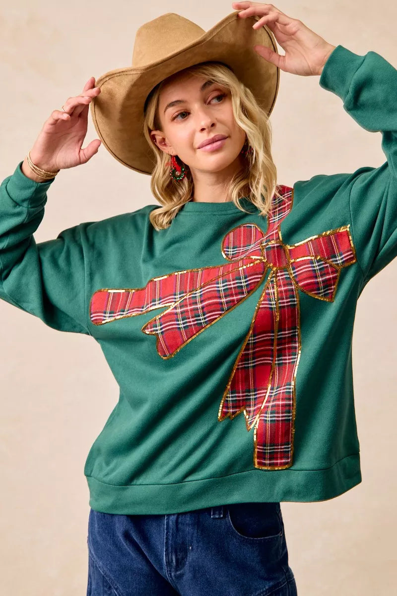 BiBi Plaid Ribbon Bow Detail Christmas Fleece Pullover