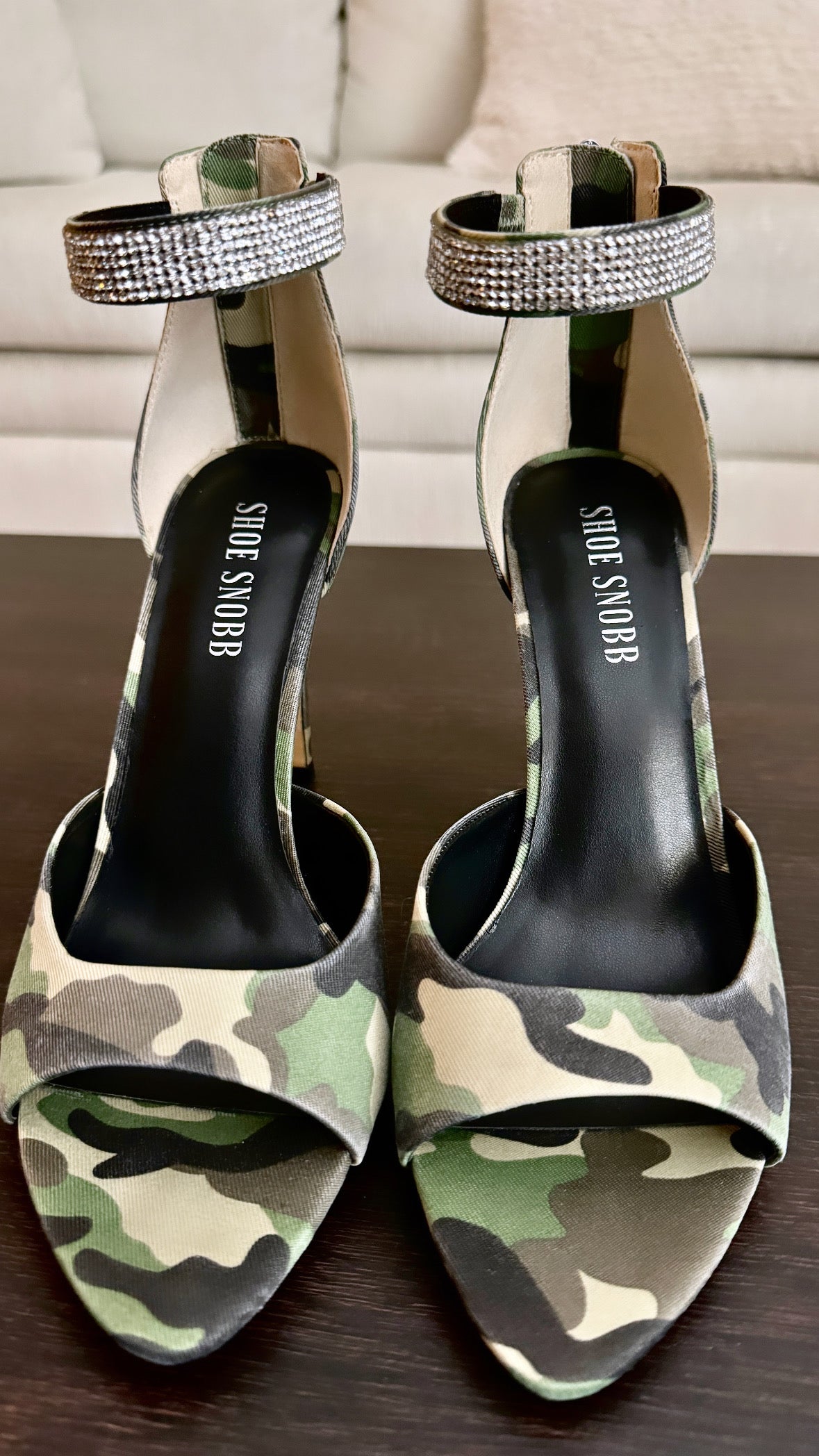 Alana Embellished Ankle Strap Camo Heels