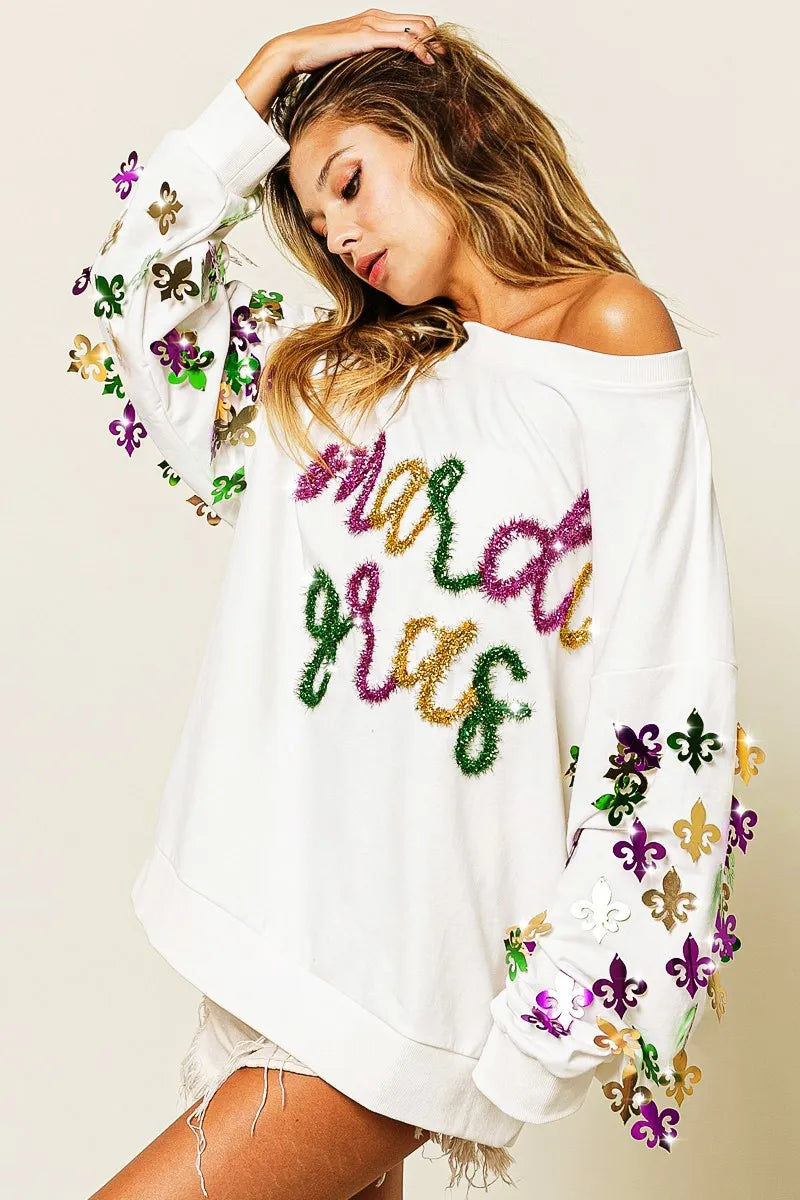 BiBi Fleur De Lis Sleeve Mardi Gras Pullover